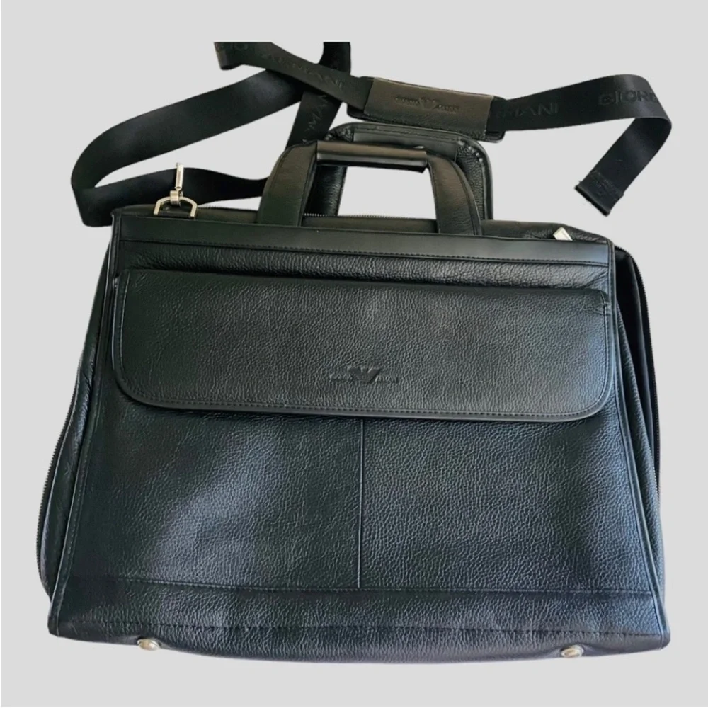 GIORGIO ARMANI BLACK Briefcase Computer Travel Fine Saffiano Leather Bag